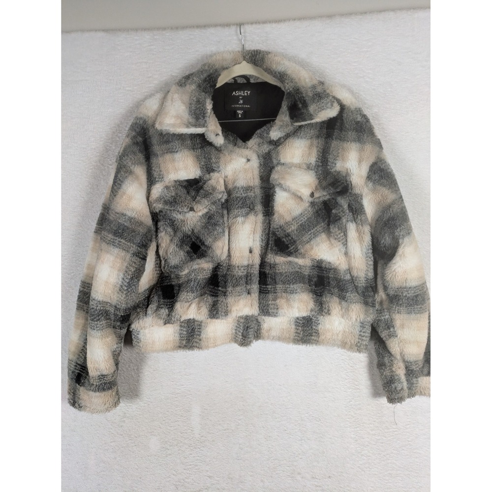 Ashley by 26 International Faux Fur Jacket Women's S Grey Plaid Cropped Boxy